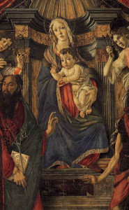 Detail of the Madonna with Child and Four Angels and Six Saints (Pala di Barnaba). Sandro Botticelli. 1488. Uffizi Gallery, Florence. Wikimedia Commons.